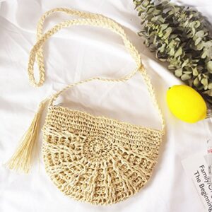 Rebecca Women Girl Straw Woven Shoulder Bag Beach Crochet Envelope Crossbody Bag Vacation Tassels Handbag (Beige)