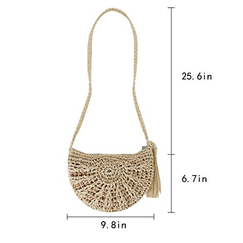 Rebecca Women Girl Straw Woven Shoulder Bag Beach Crochet Envelope Crossbody Bag Vacation Tassels Handbag (Beige)