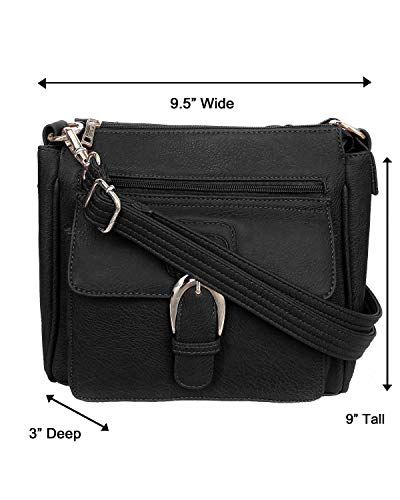 Roma Leathers Concealed Carry Cross Body Handbag - Premium Black Vegan Leather - Adjustable, Detachable, and Wire Reinforced Shoulder Strap - Front Buckle Closure - Dual Gun Entry - Designed in U.S.A