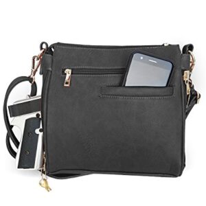 Roma Leathers Concealed Carry Cross Body Handbag - Premium Black Vegan Leather - Adjustable, Detachable, and Wire Reinforced Shoulder Strap - Front Buckle Closure - Dual Gun Entry - Designed in U.S.A