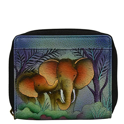 Anna by Anuschka Women's Hand-Painted Genuine Leather Zippered Organizer Wallet - Elephant Family