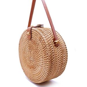 Yunno Handwoven Round Rattan Bag Tropical Beach Style Woven Shoulder Rattan Bag with Leather Strap