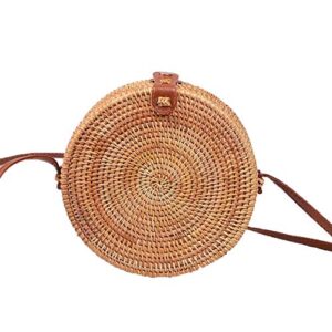 Yunno Handwoven Round Rattan Bag Tropical Beach Style Woven Shoulder Rattan Bag with Leather Strap