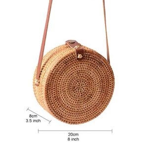 Yunno Handwoven Round Rattan Bag Tropical Beach Style Woven Shoulder Rattan Bag with Leather Strap