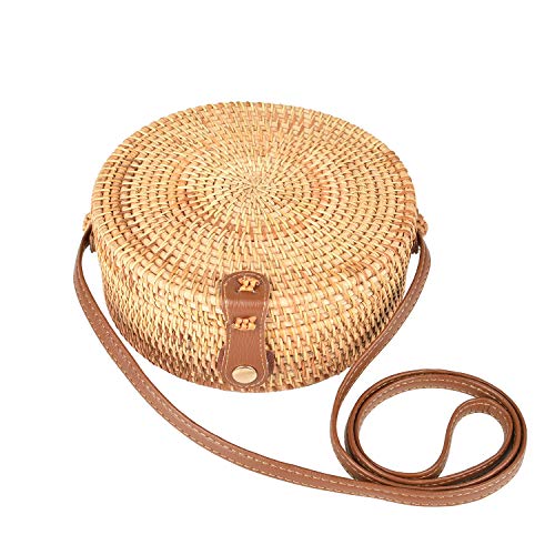 Yunno Handwoven Round Rattan Bag Tropical Beach Style Woven Shoulder Rattan Bag with Leather Strap