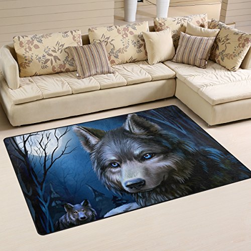 Yochoice Non-Slip Area Rugs Home Decor, Hipster Wolf Blue Night Sky Floor Mat Living Room Bedroom Carpets Doormats 60 x 39 inches