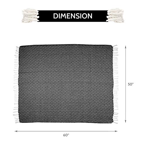 Black Throw Blanket Woven Country Rustic 100% Cotton Luxury Quality Sofa Couch Bed Throws Mini Diamond 50 x 60 Inches