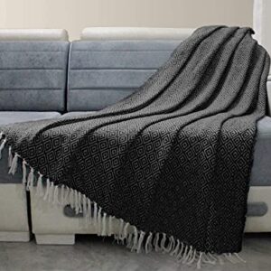 Black Throw Blanket Woven Country Rustic 100% Cotton Luxury Quality Sofa Couch Bed Throws Mini Diamond 50 x 60 Inches