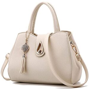 pahajim womens handbag tote cute mini tassels leather shoulder purse crossbody bag(beige white)