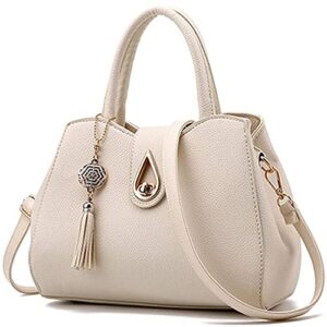 Pahajim Womens Handbag Tote Cute Mini Tassels Leather Shoulder Purse Crossbody Bag(Beige White)