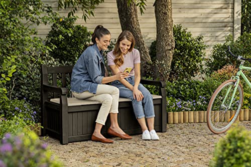 Keter Eden 70 Gallon Storage Bench Deck Box for Patio Furniture, Front Porch Decor and Outdoor Seating – Perfect to Store Garden Tools and Pool Toys,Brown / Brown