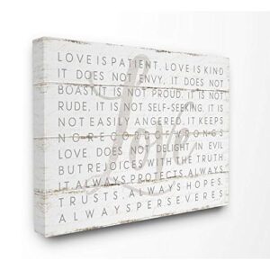 the stupell home décor collection love is patient grey on white planked look canvas wall art, 16×20, multi-color
