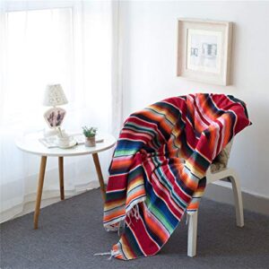 JQZ Mexican Serape Blanket with Tassel Bright Colorful Stripe Rainbow Throw Blanket Yoga Beach Blanket Tablecloth Sofa Cover(Red, 60" X 82")