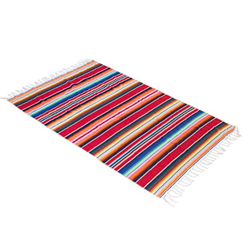 JQZ Mexican Serape Blanket with Tassel Bright Colorful Stripe Rainbow Throw Blanket Yoga Beach Blanket Tablecloth Sofa Cover(Red, 60" X 82")