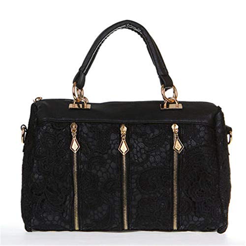 Women Tote Purse Leather Lace Design Vintage Shoulder Bag Top Handle Satchel Large Capacity Black