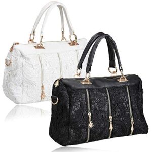 Women Tote Purse Leather Lace Design Vintage Shoulder Bag Top Handle Satchel Large Capacity Black