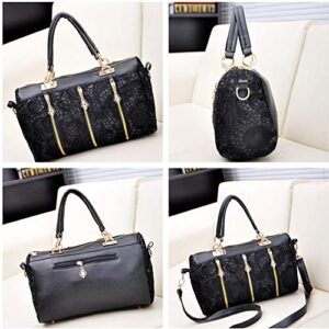 Women Tote Purse Leather Lace Design Vintage Shoulder Bag Top Handle Satchel Large Capacity Black