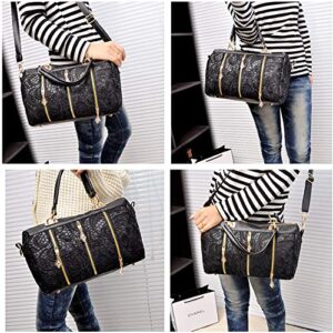 Women Tote Purse Leather Lace Design Vintage Shoulder Bag Top Handle Satchel Large Capacity Black