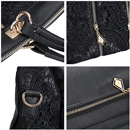 Women Tote Purse Leather Lace Design Vintage Shoulder Bag Top Handle Satchel Large Capacity Black