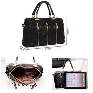 Women Tote Purse Leather Lace Design Vintage Shoulder Bag Top Handle Satchel Large Capacity Black