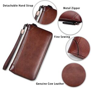 Genuine Leather Wallet for Women Dual Use Zip Long Purse Vintage Handmade Clutch Cowhide Card Holder Organizer (Coffee)