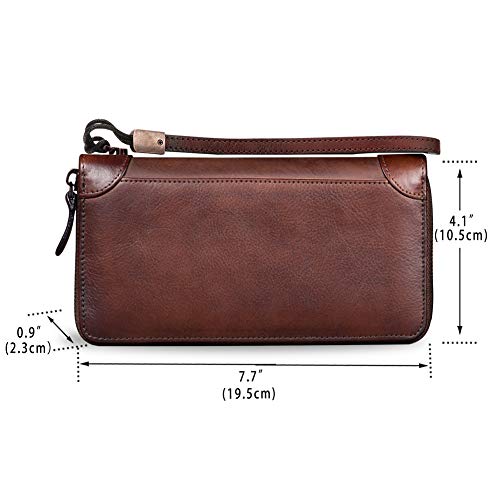 Genuine Leather Wallet for Women Dual Use Zip Long Purse Vintage Handmade Clutch Cowhide Card Holder Organizer (Coffee)