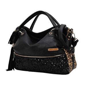 segater women’s leopard print black purse handbag hobo style sequin pu leather shoulder bag