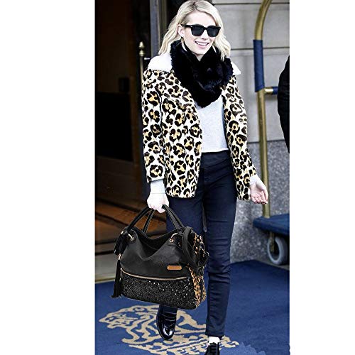 Segater Women's Leopard Print Black Purse Handbag Hobo Style Sequin PU Leather Shoulder Bag