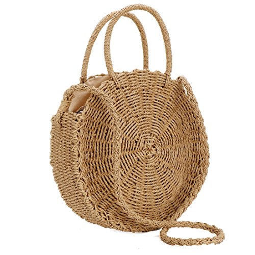 Handwoven Round Rattan Bag Shoulder Leather Straps Natural Chic Hand Round Straw Beach Bag (Coffee color)