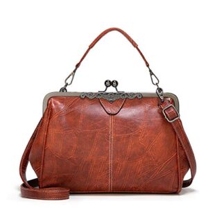 segater® women retro hollow oil wax pu leather handbag kiss lock crossbody purse vintage messenger bag tote