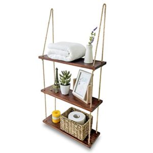 ASLINY - Hanging Shelf Wall - Floating Swing Storage Shelves Jute Rope - Durable Wall Shelves for Bedroom Living Room Kitchen, Bathroom Shelves Over The Toilet Storage, 3 Tier Shelf (Brown)