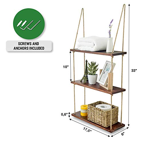 ASLINY - Hanging Shelf Wall - Floating Swing Storage Shelves Jute Rope - Durable Wall Shelves for Bedroom Living Room Kitchen, Bathroom Shelves Over The Toilet Storage, 3 Tier Shelf (Brown)