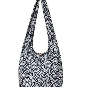 BTP! Hippie Hobo Cotton Sling Crossbody Bag Messenger Purse Swirl Printed in White on Black SW4