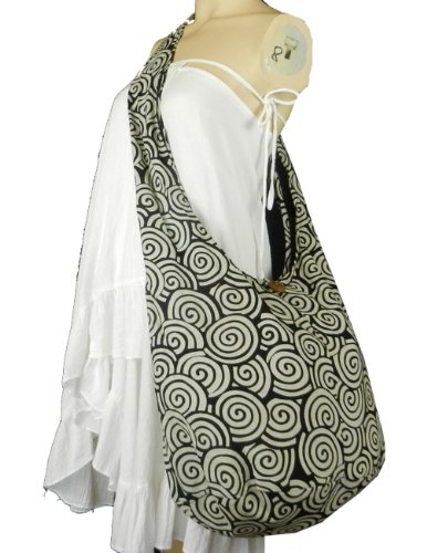 BTP! Hippie Hobo Cotton Sling Crossbody Bag Messenger Purse Swirl Printed in White on Black SW4