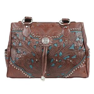 American West Leather - Multi Compartment Tote Bag -Purse Holder Bundle (Brown - Lady lace)