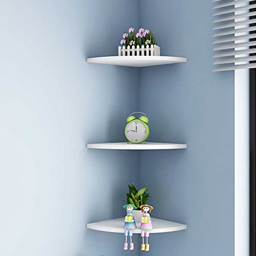 Baffect 3-Pack Corner Shelf Wooden and Plastic PVC Floating Shelves Wall Mount Shelf Bookshelf Display Cosmetic Storage Rack Room Decor (Large)