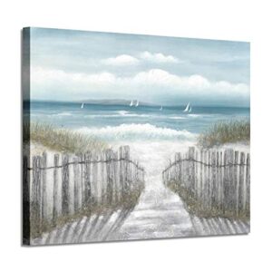 beach picture coastal wall art: blue abstract seascape artwork sandy path canvas painting for bedroom (24″w x 18″h,multi-sized)