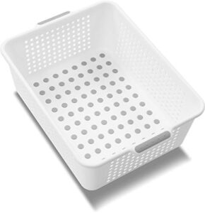 madesmart plastic multipurpose storage basket with handles, portable under sink and cabinet organizer storage bin, medium, white