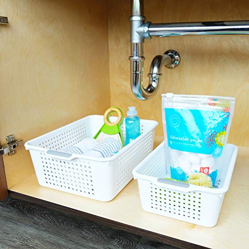 Madesmart Plastic Multipurpose Storage Basket with Handles, Portable Under Sink and Cabinet Organizer Storage Bin, Medium, White