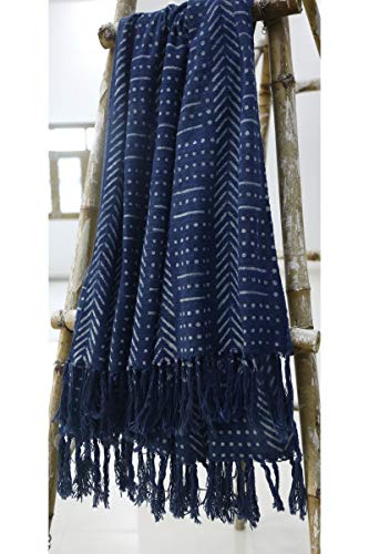 Trade Star Beautiful Indigo Mudcloth Throw Blanket Ethnic Block Print Blanket with Tassels Indian Hand Loomed Cotton Throw Blanket for Home Decor (Pattern 9)