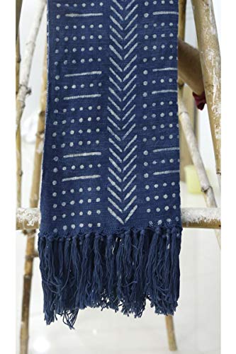 Trade Star Beautiful Indigo Mudcloth Throw Blanket Ethnic Block Print Blanket with Tassels Indian Hand Loomed Cotton Throw Blanket for Home Decor (Pattern 9)