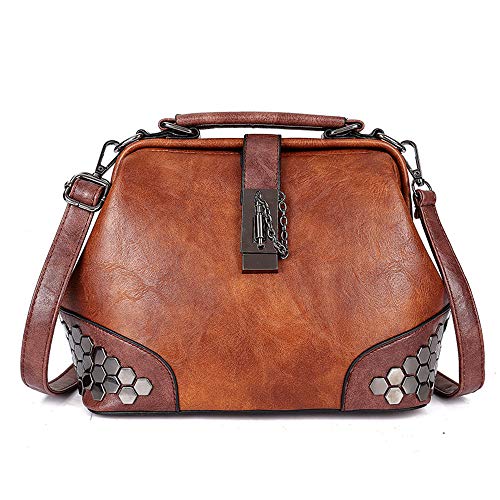 Mn&Sue Gothic Rivet Studded Vintage Doctor Style Cross Body Convertible Bucket Shoulder Handbag for Women (Brown)