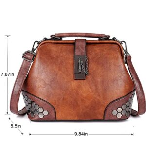 Mn&Sue Gothic Rivet Studded Vintage Doctor Style Cross Body Convertible Bucket Shoulder Handbag for Women (Brown)