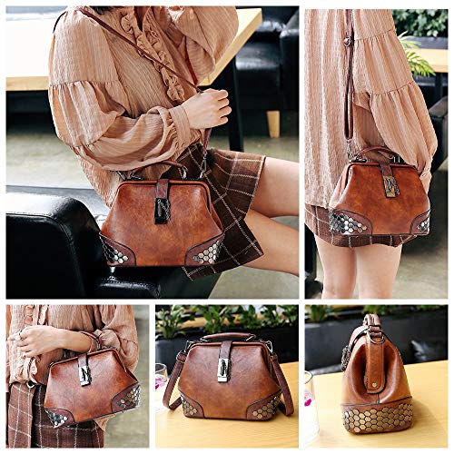 Mn&Sue Gothic Rivet Studded Vintage Doctor Style Cross Body Convertible Bucket Shoulder Handbag for Women (Brown)