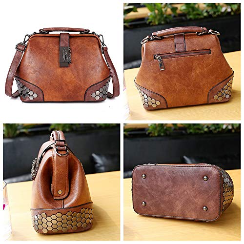 Mn&Sue Gothic Rivet Studded Vintage Doctor Style Cross Body Convertible Bucket Shoulder Handbag for Women (Brown)