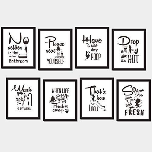 8X Bathroom Art Picture Quotes Wall Décor Accessories Laminated and Flat Pack (Each Measures 10” X 8”)