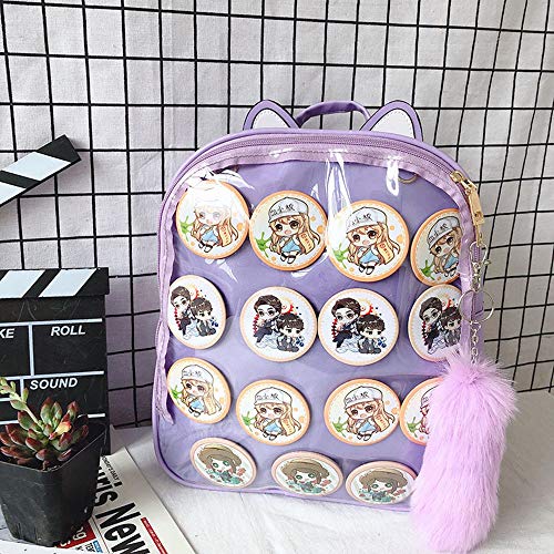 Ita Backpacks Girls Cute Rucksack Cat Ears Design Daypack Ladies Summer Beach Bag Transparent Windows for DIY Pins Decors, Purple