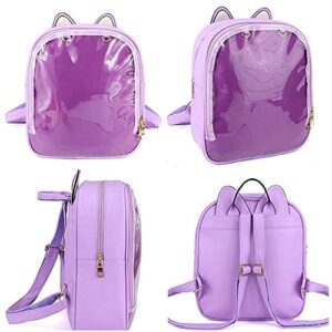 Ita Backpacks Girls Cute Rucksack Cat Ears Design Daypack Ladies Summer Beach Bag Transparent Windows for DIY Pins Decors, Purple