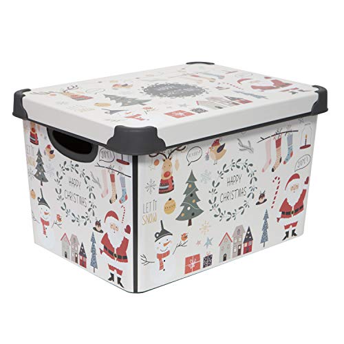 Simplify “Happy Christmas” Design Storage Bin | Christmas Tote | Holiday Décor Decorations Organizer | Lidded | Stackable | White