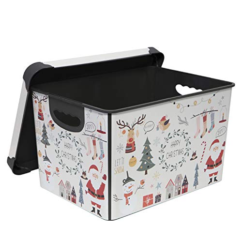 Simplify “Happy Christmas” Design Storage Bin | Christmas Tote | Holiday Décor Decorations Organizer | Lidded | Stackable | White